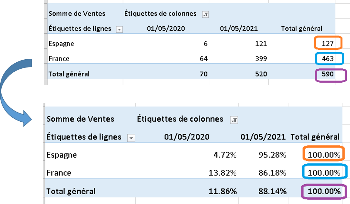 tcd afficher les valeurs en %