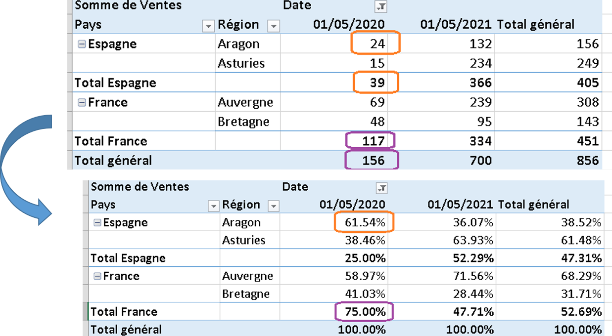 tcd afficher les valeurs en %